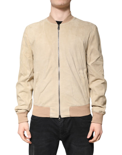 Dolce & Gabbana Beige Lambskin Full Zip Men Bomber Jacket