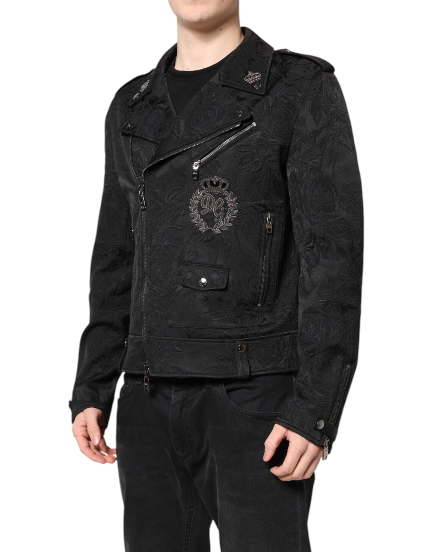 Dolce & Gabbana Black Brocade Cotton Full Zip Biker Jacket