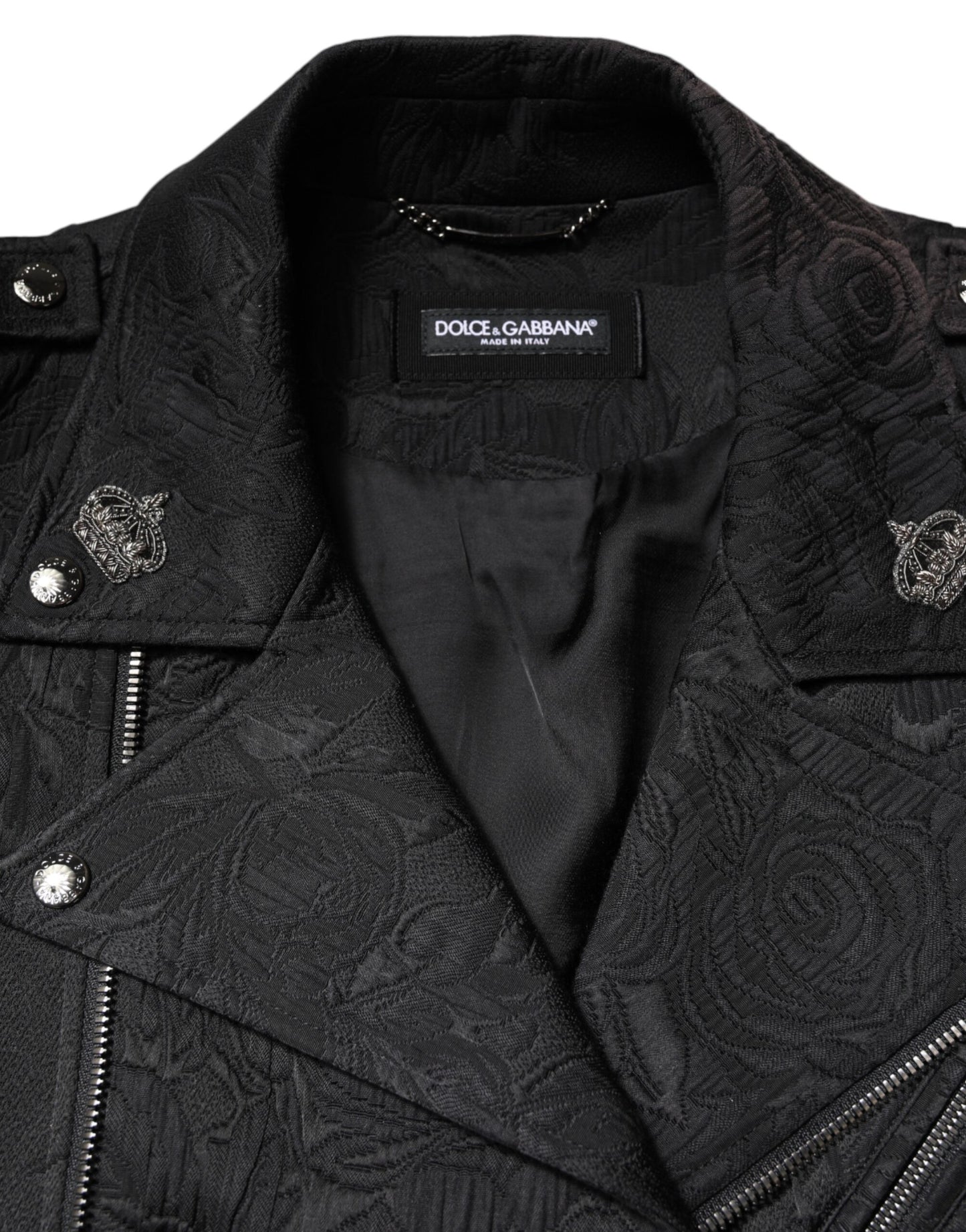 Dolce & Gabbana Black Brocade Cotton Full Zip Biker Jacket