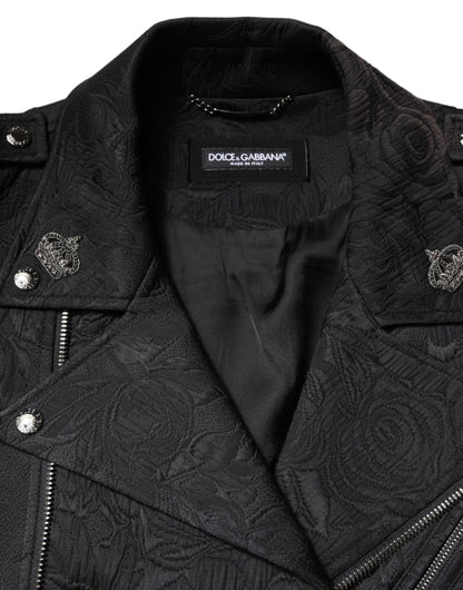 Dolce & Gabbana Black Brocade Cotton Full Zip Biker Jacket