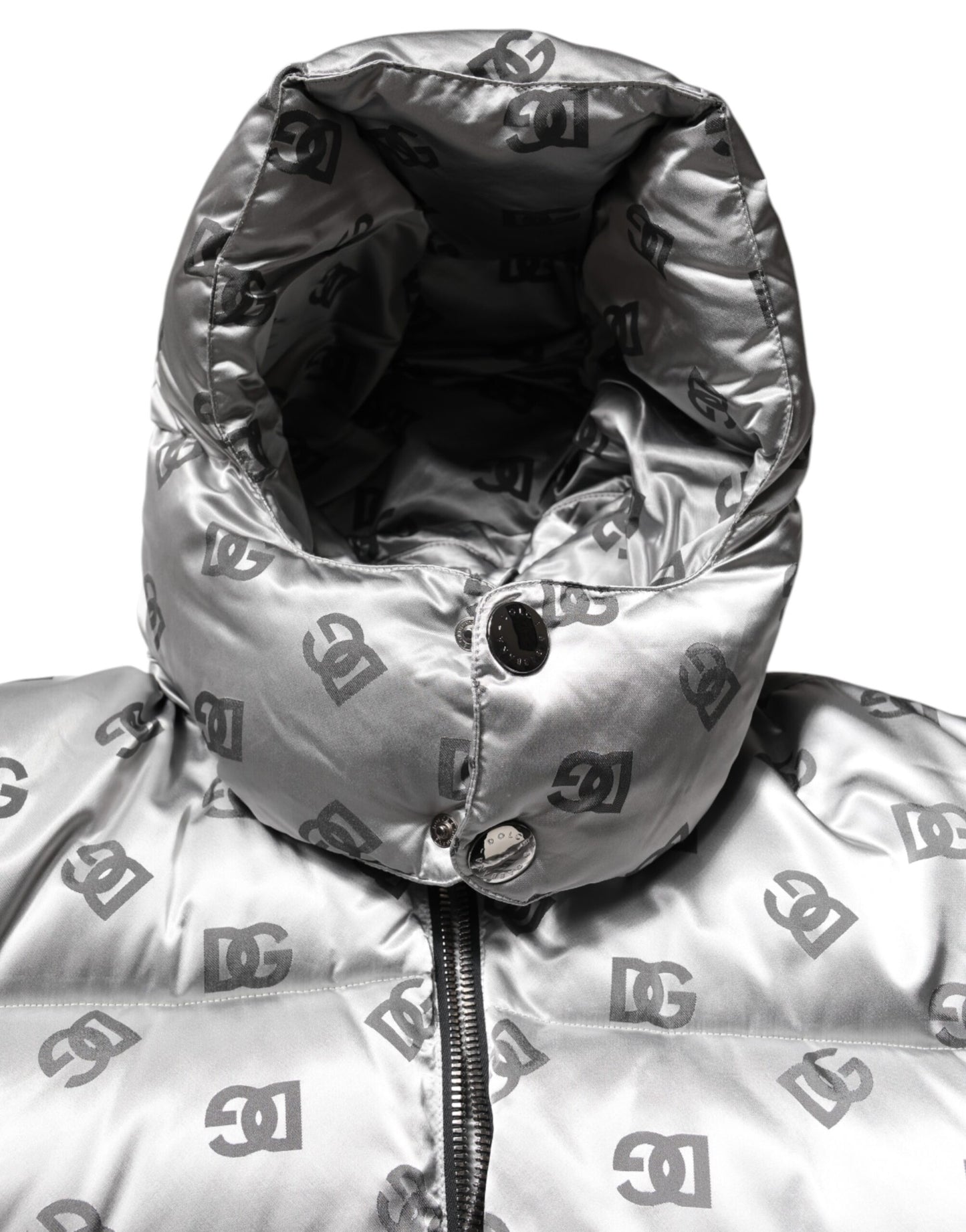 Dolce & Gabbana Silver Logo Full Zip Hooded Quilted Jacket