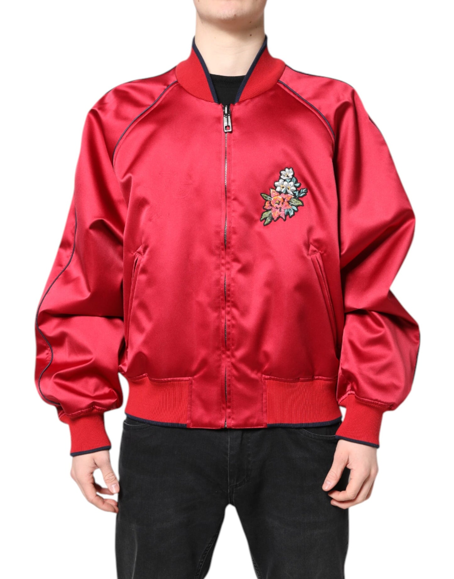 Dolce & Gabbana Red Floral Patch Full Zip Men Bomber Jacket