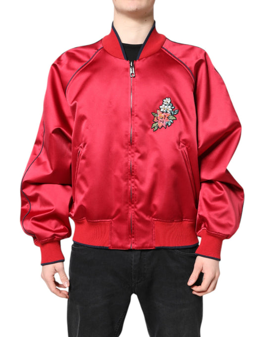 Dolce & Gabbana Red Floral Patch Full Zip Men Bomber Jacket