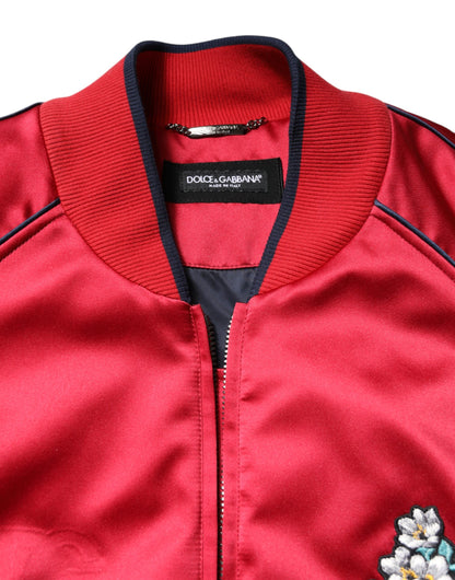 Dolce & Gabbana Red Floral Patch Full Zip Men Bomber Jacket