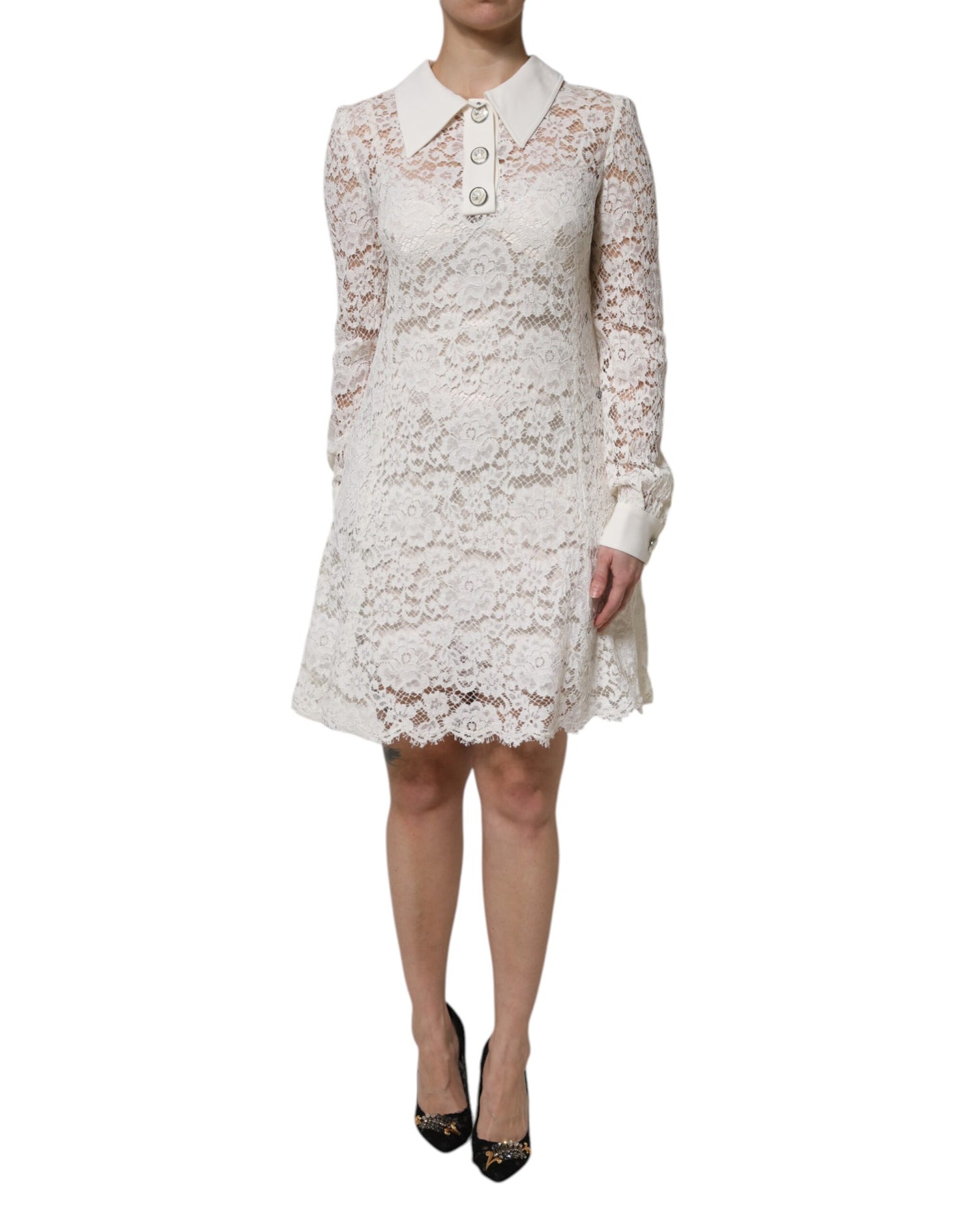 Dolce & Gabbana White Floral Lace Long Sleeves A-line Dress