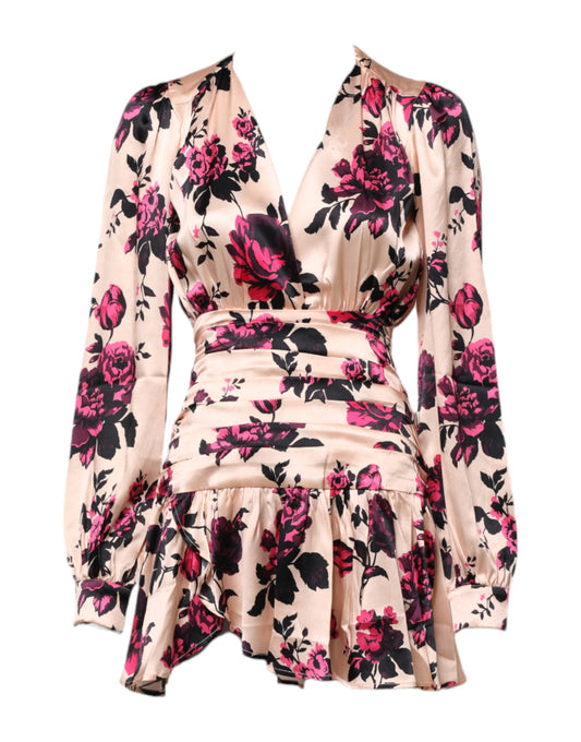 Laneus Pink Floral Silk Long Sleeves V-neck Wrap Mini Dress