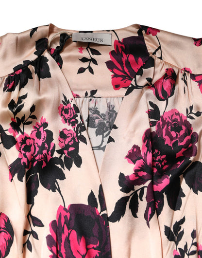 Laneus Pink Floral Silk Long Sleeves V-neck Wrap Mini Dress