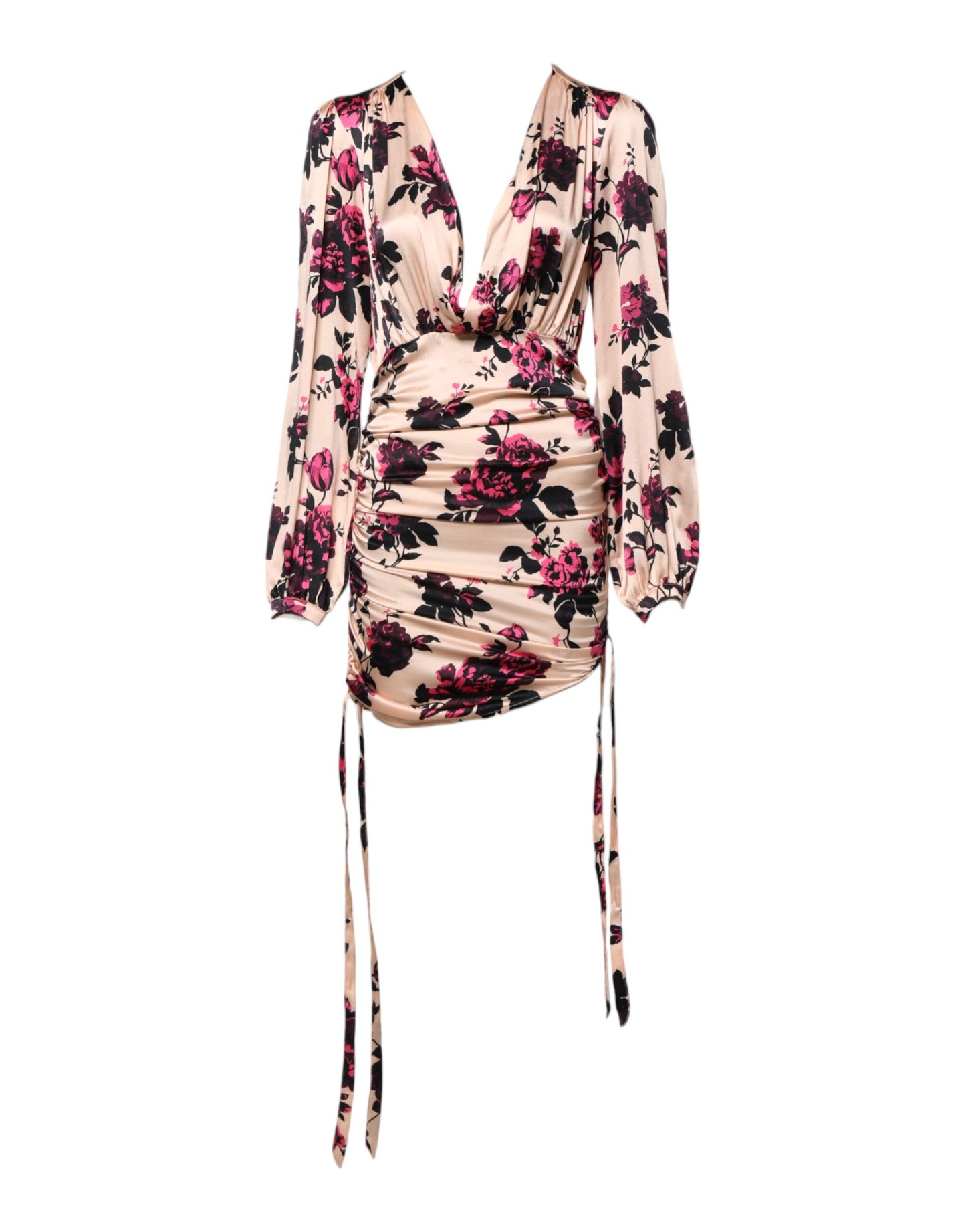 Laneus Pink Floral Silk Long Sleeves V-neck Ruched Mini Dress