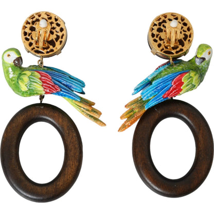 Dolce & Gabbana Multicolor Parrot Wood Brass Crystal Embellished Earrings