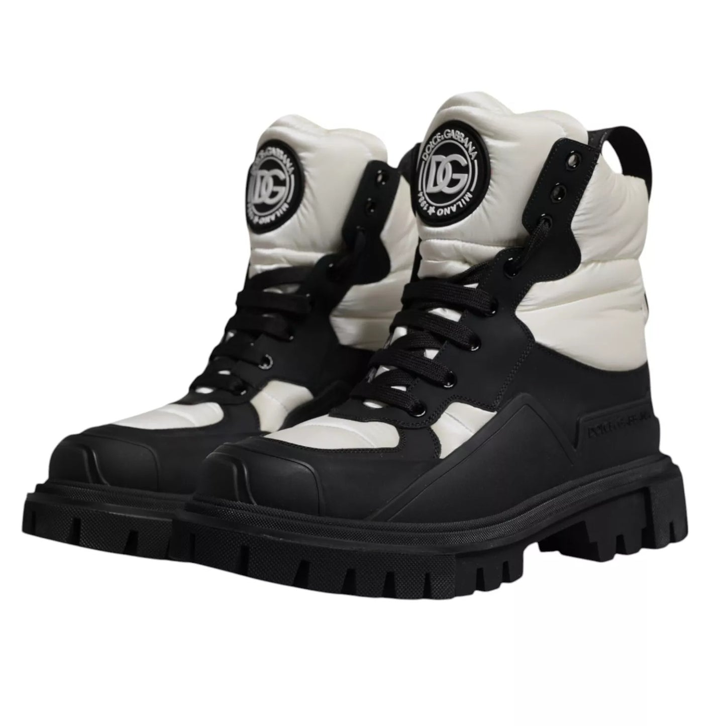 Dolce & Gabbana Black White Padded Mid Calf Lace Up Boots Shoes