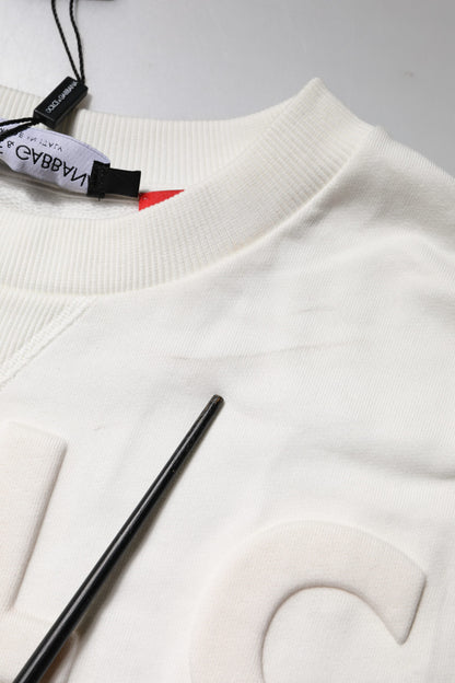 Dolce & Gabbana White Embossed Logo Cotton Crew Neck Sweater
