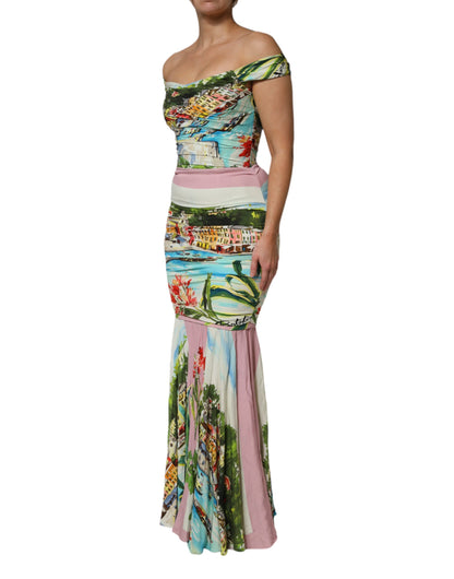 Dolce & Gabbana Multicolor Off Shoulder Long Sheath Dress
