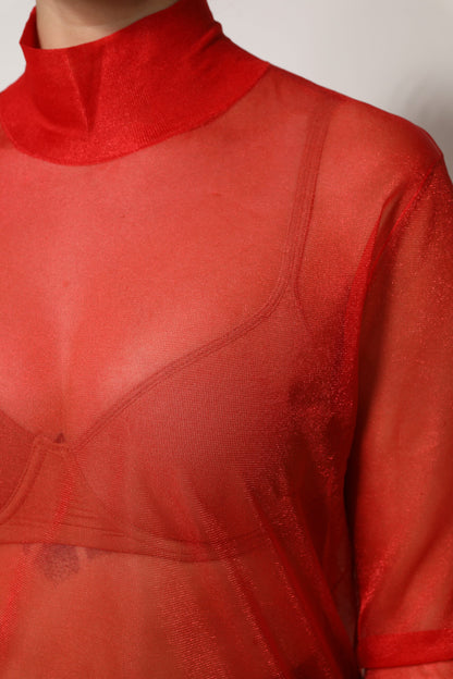 Dolce & Gabbana Red Tulle Turtleneck Long Sleeve Blouse Top