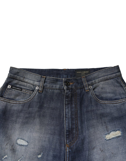 Dolce & Gabbana Blue Washed Tattered Cotton Men Jeans