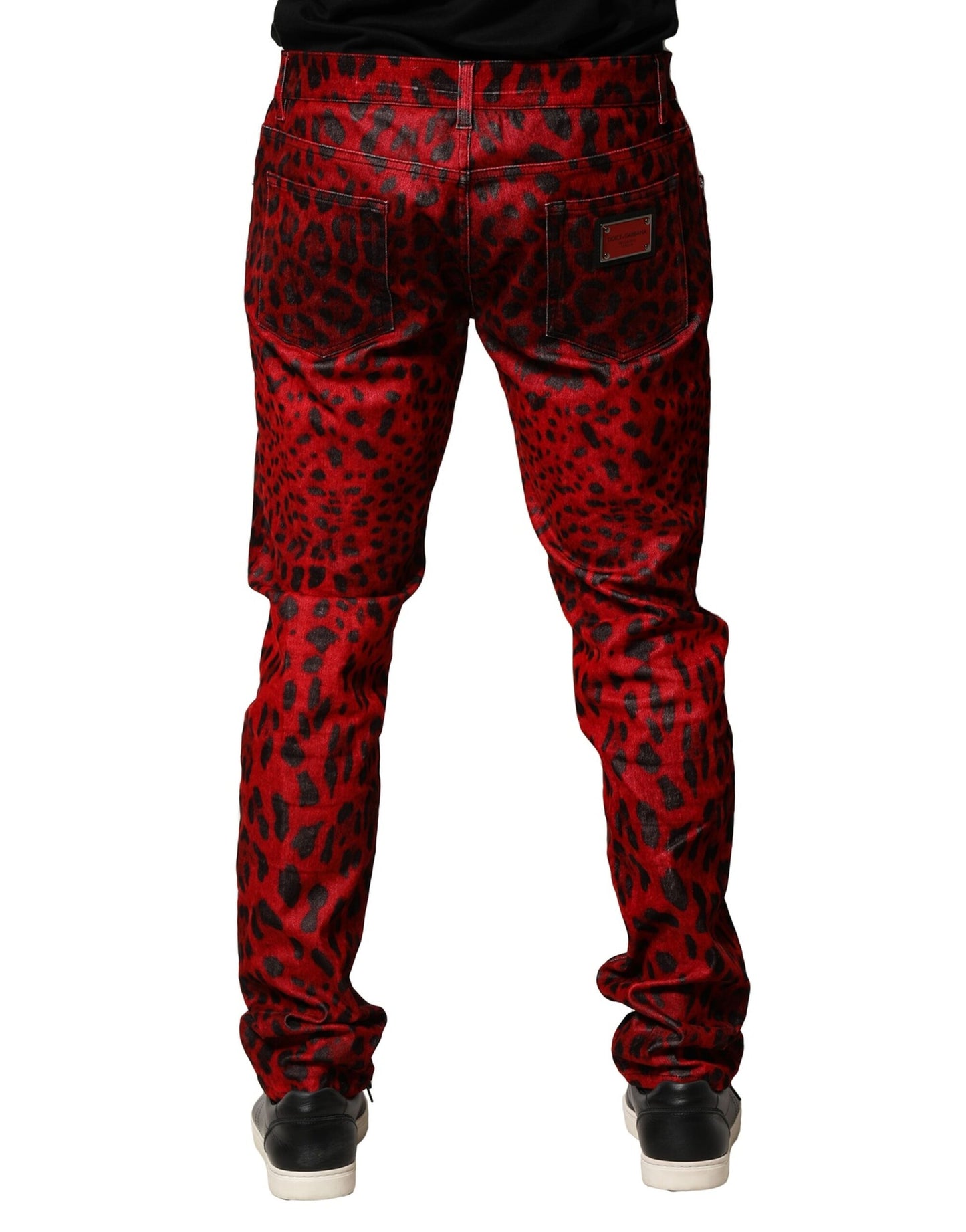Dolce & Gabbana Red Leopard Print Cotton Skinny Denim Jeans