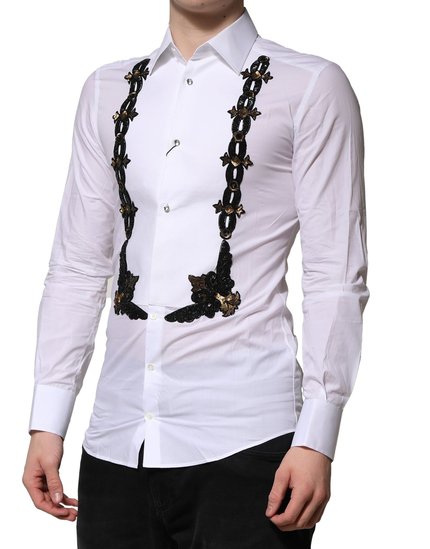 Dolce & Gabbana White GOLD Embellished Formal Men Dress Shirt