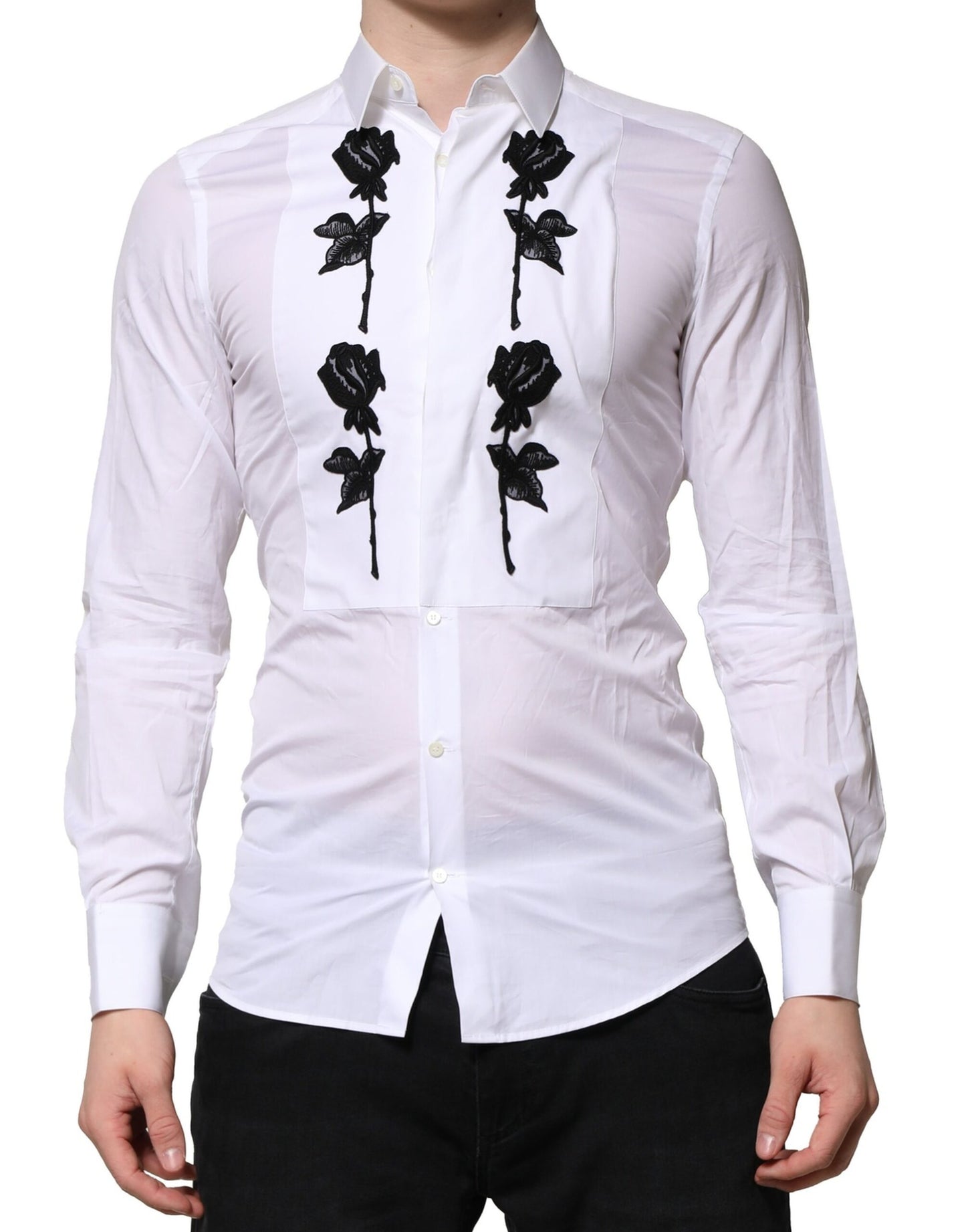 Dolce & Gabbana White Floral Embroidery Men GOLD Formal Shirt