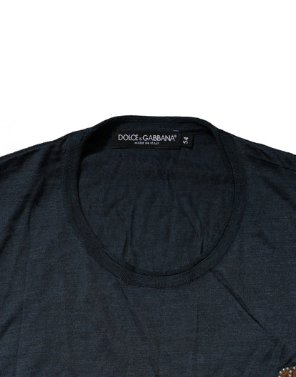 Dolce & Gabbana Dark Blue Silk Logo Patch Crew Neck T-shirt