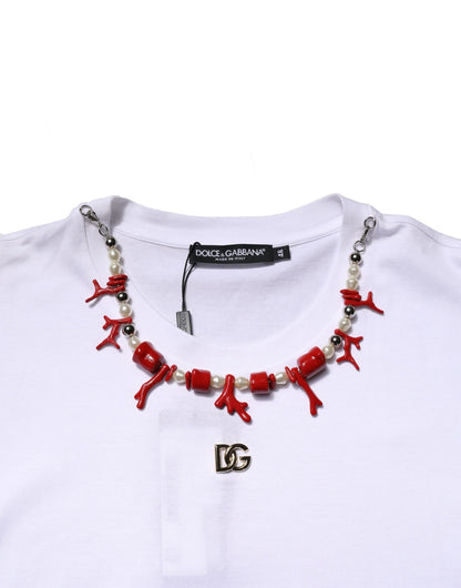 Dolce & Gabbana White Embellished Cotton Crew Neck T-shirt