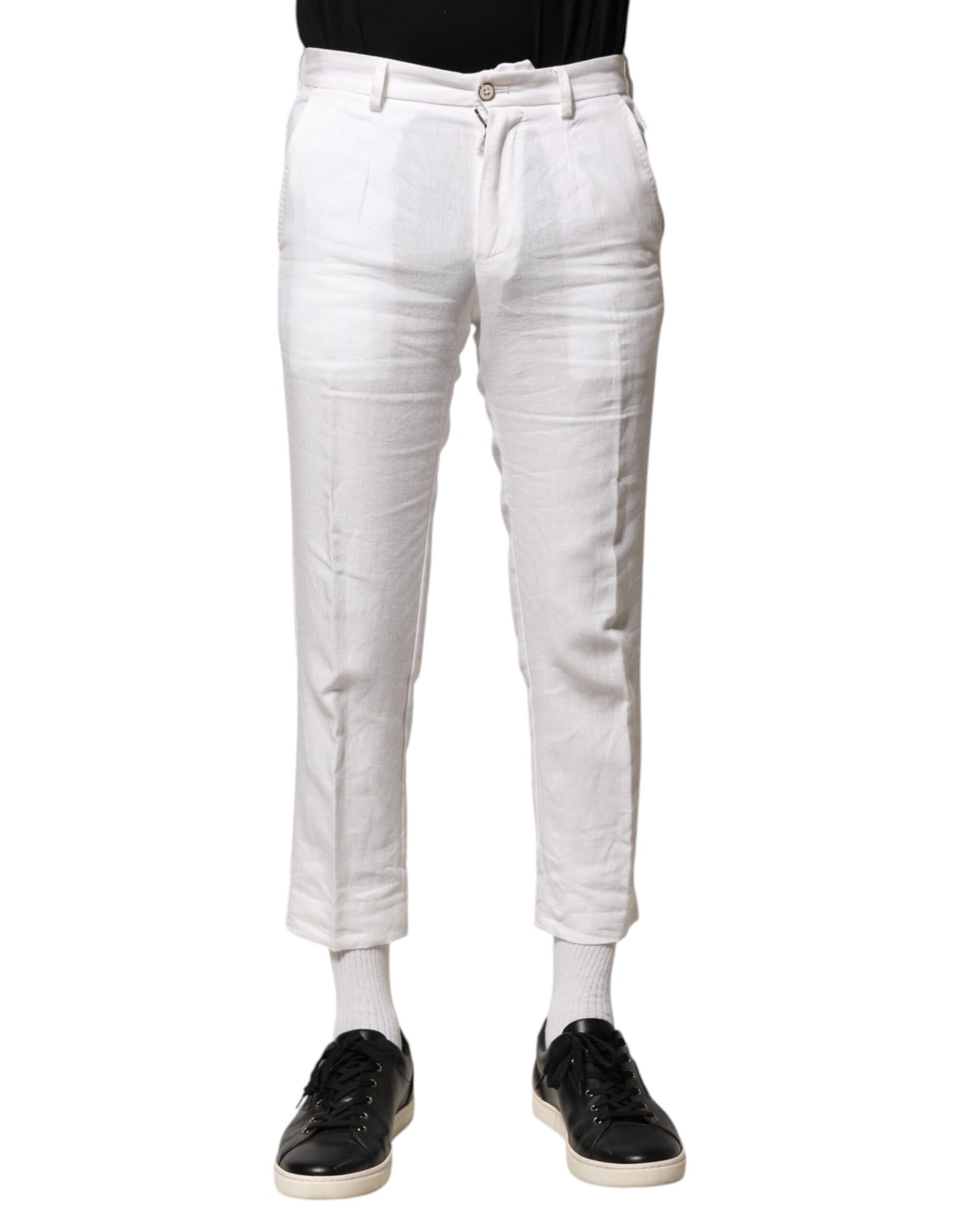 Dolce & Gabbana White Linen Mid Waist Cropped Pants