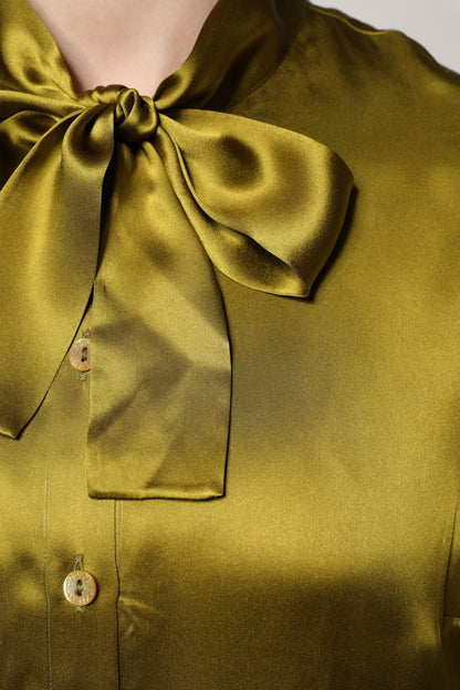 Dolce & Gabbana Green Ascot Collar Long Sleeves Blouse Top