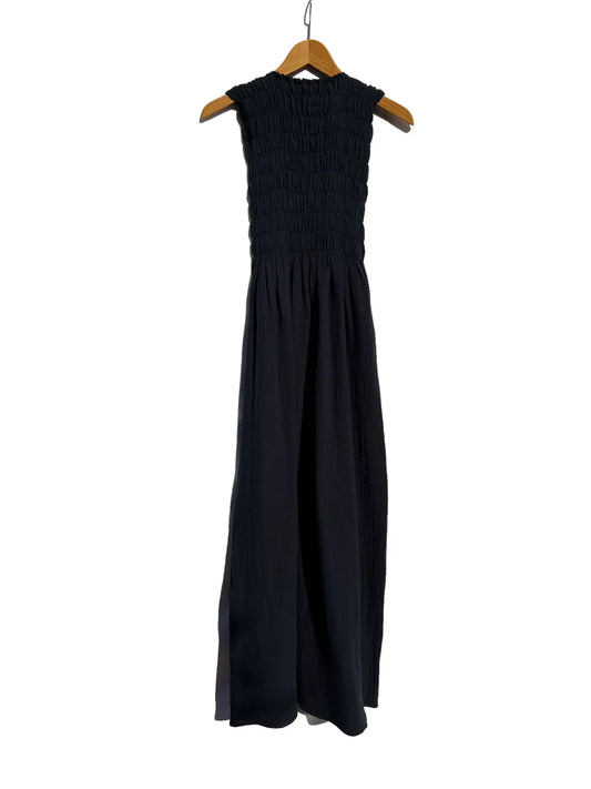 735 Alber Gathered Dress in Organic Cotton Muslin   Navy Blue