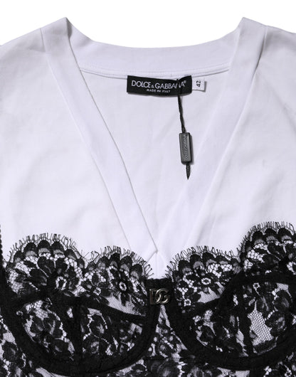 Dolce & Gabbana White Lace Cotton V-Neck Short Sleeves Top