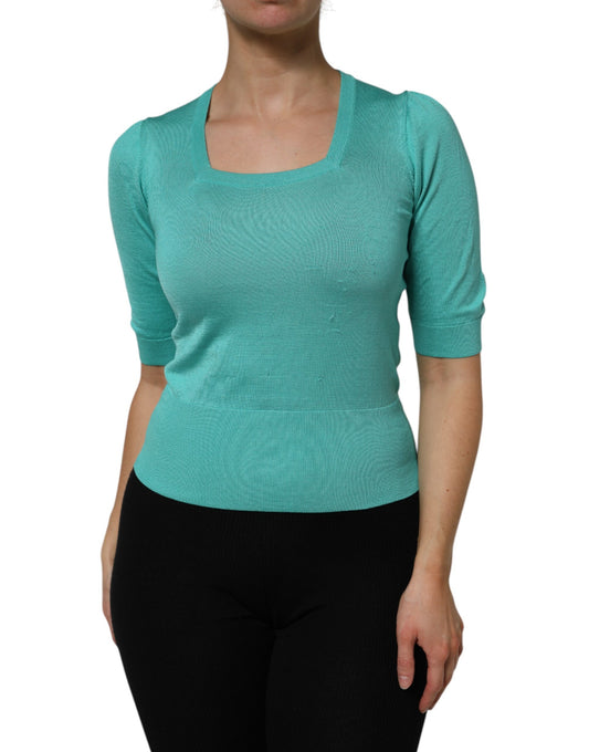 Dolce & Gabbana Aqua Blue Silk Short Sleeves Square Neck Top