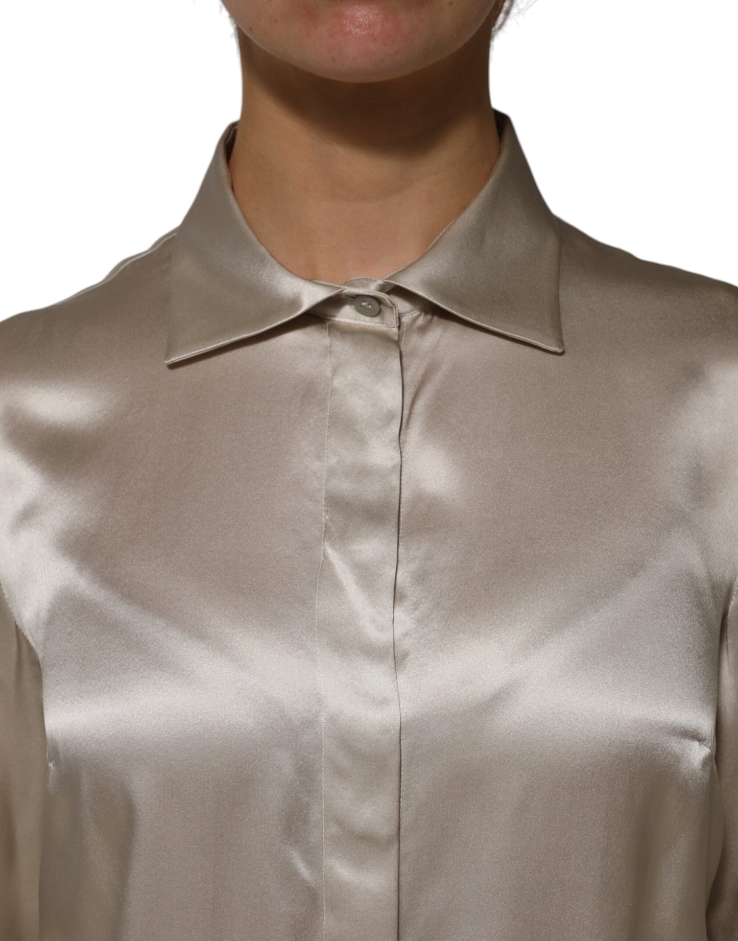 Dolce & Gabbana Beige Satin Silk Collared Long Sleeves Top