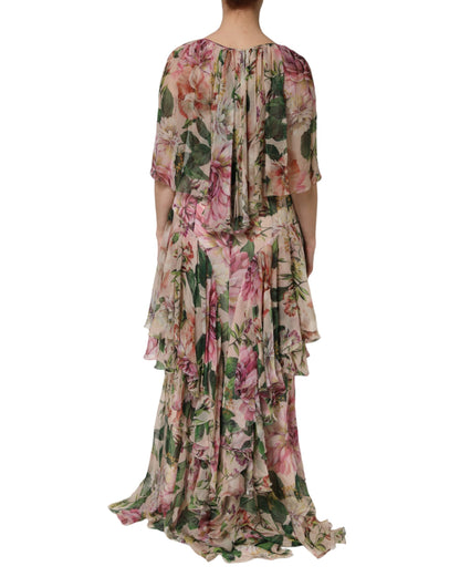 Dolce & Gabbana Pink Floral Print Tiered Long Maxi Dress