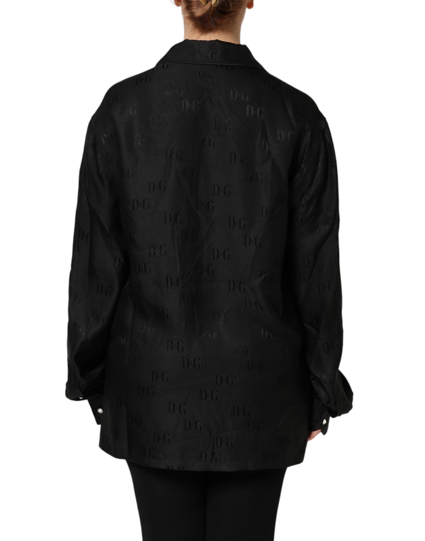 Dolce & Gabbana Black Silk DG Embroidery Long Sleeves Top