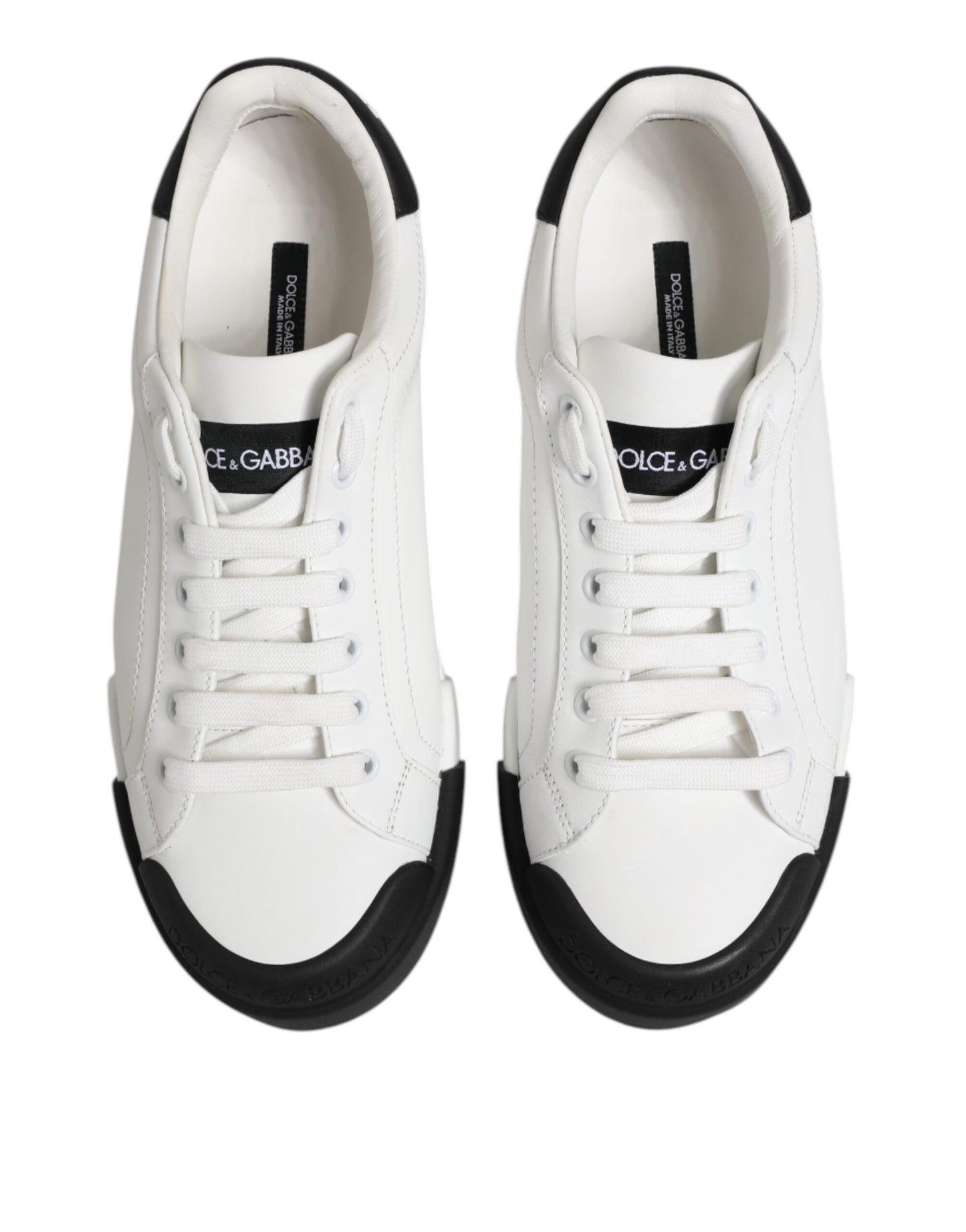 Dolce & Gabbana White Black Logo Leather Lace Up Sneakers Shoes