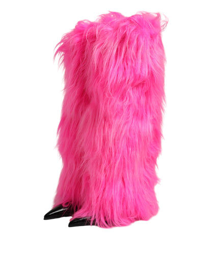 Dolce & Gabbana Pink Faux Fur Leather High Heels Boots Shoes