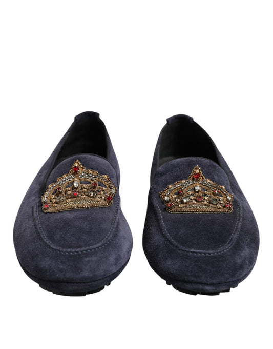 Dolce & Gabbana Blue Suede Crown Crystal Loafers Dress Shoes