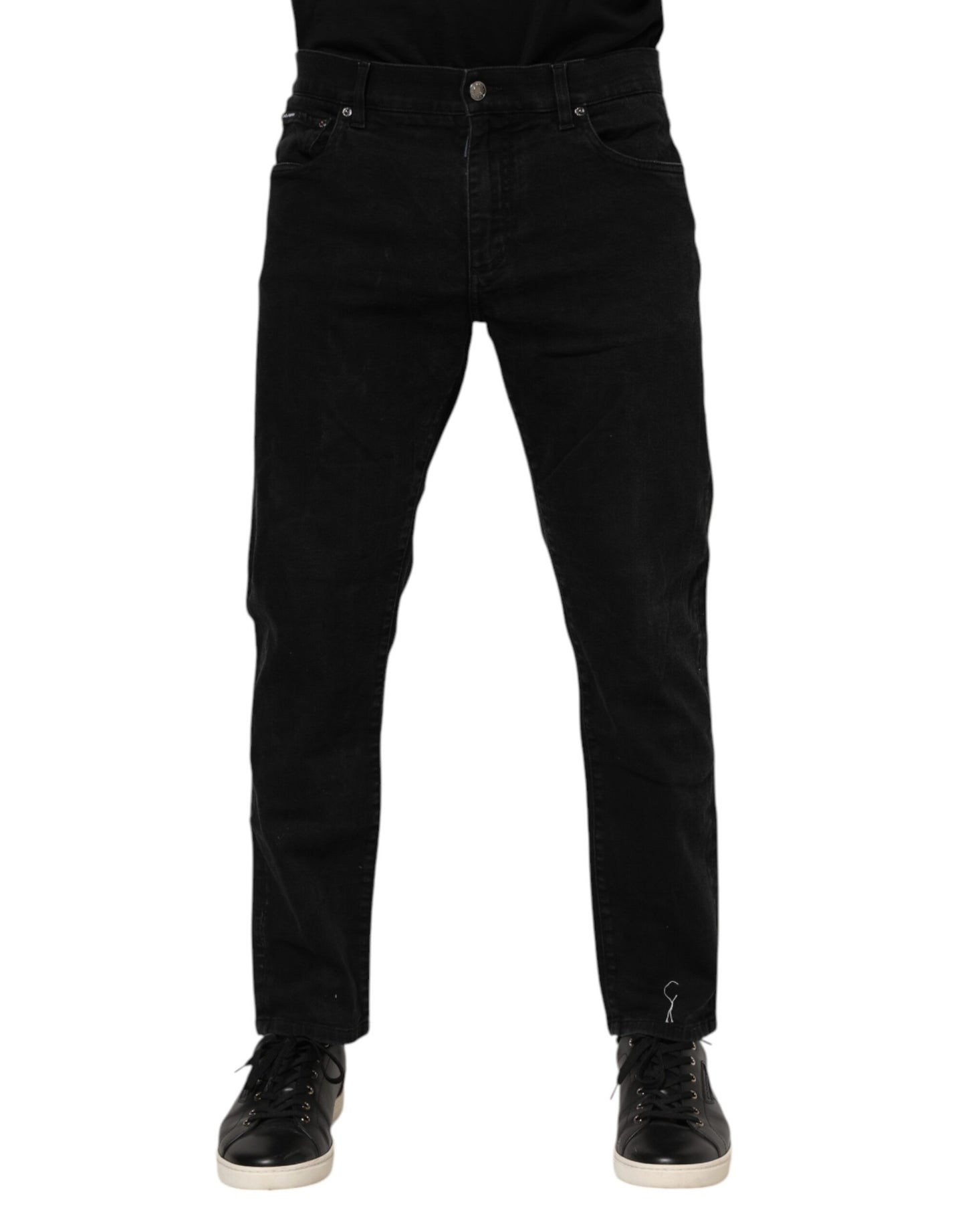 Dolce & Gabbana Black Cotton Logo Plaque Slim Fit Denim Jeans