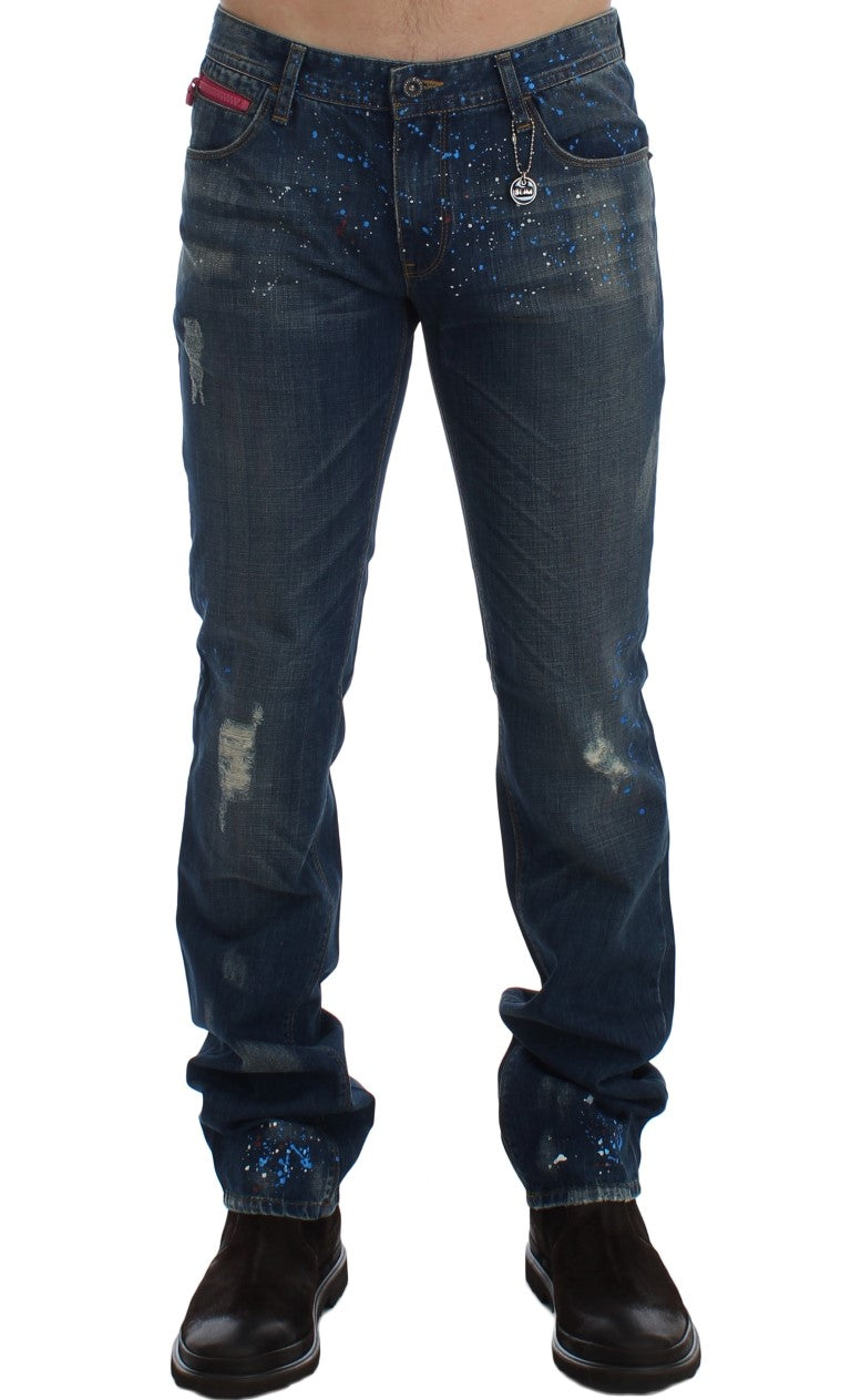 Costume National Blue Wash Paint Slim Fit Pants Jeans