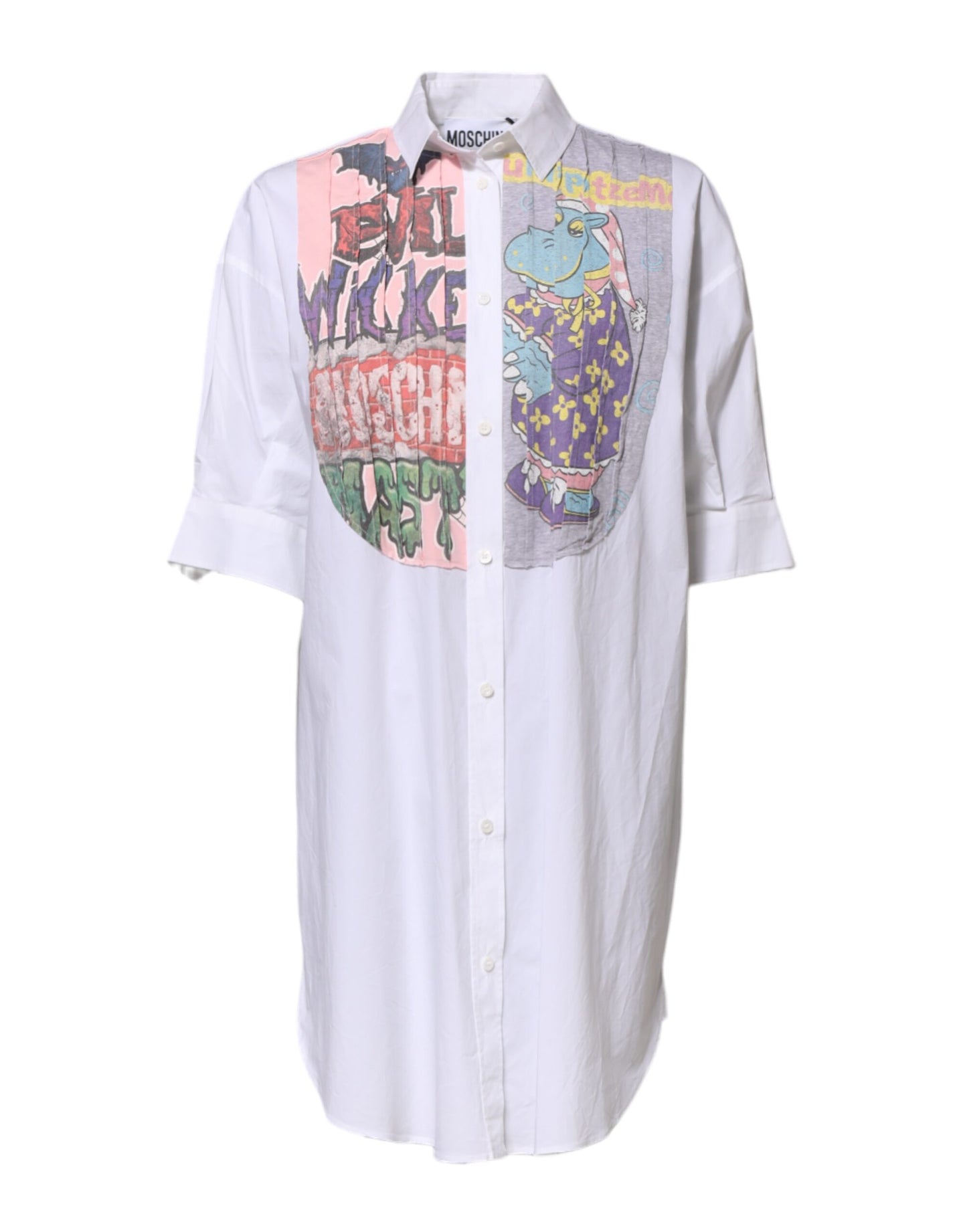 Moschino Couture White Printed Collared Button Mini Shirt Dress