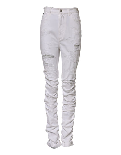 Dolce & Gabbana White Tattered Cotton High Waist Denim Jeans