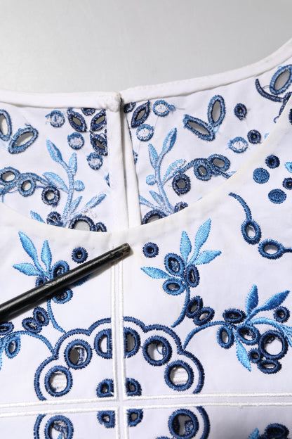 Dolce & Gabbana Blue Lace Eyelet Crew Neck Blouse Top