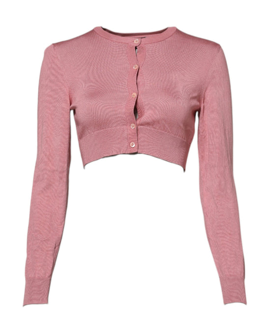 Dolce & Gabbana Pink Silk Cropped Crew Neck Cardigan Sweater