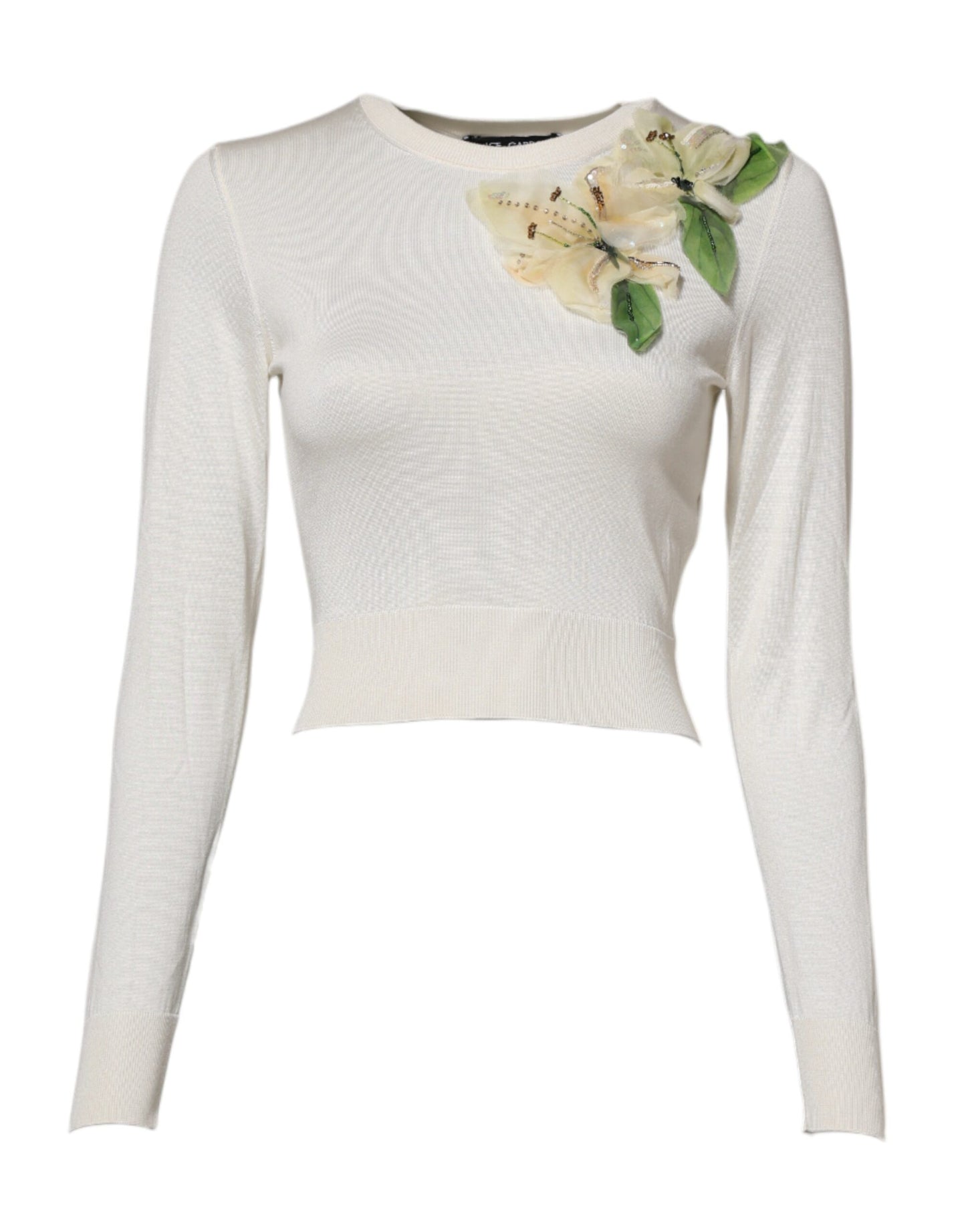 Dolce & Gabbana White Silk Lily Embellished Pullover Sweater
