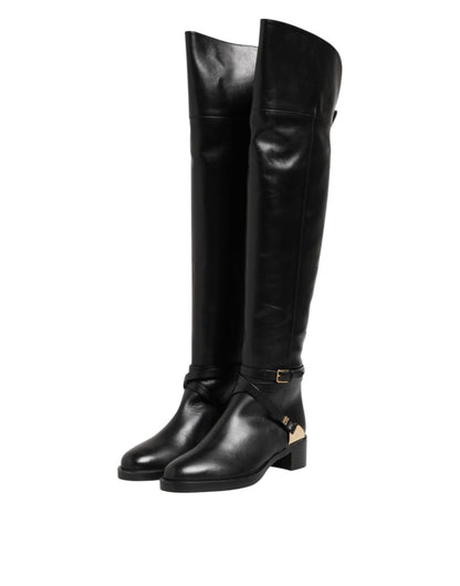 Elisabetta Franchi Black Leather Buckled High Boots Shoes