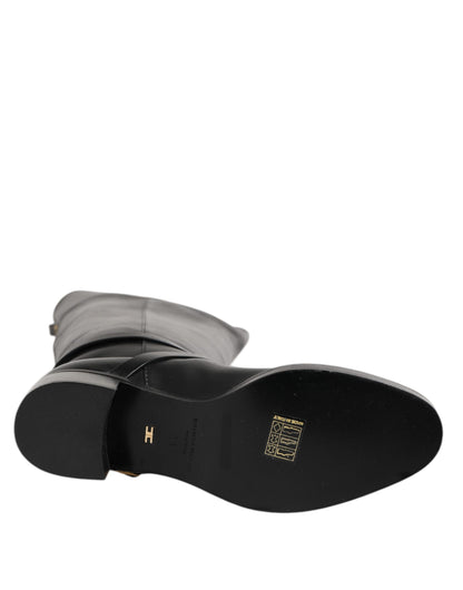 Elisabetta Franchi Black Leather Buckled High Boots Shoes