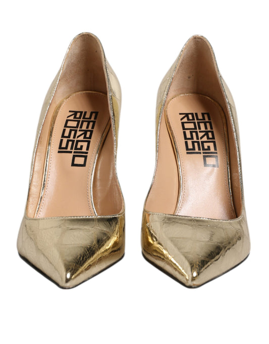 Sergio Rossi Gold Leather Pointed Toe Block Heels Shoes