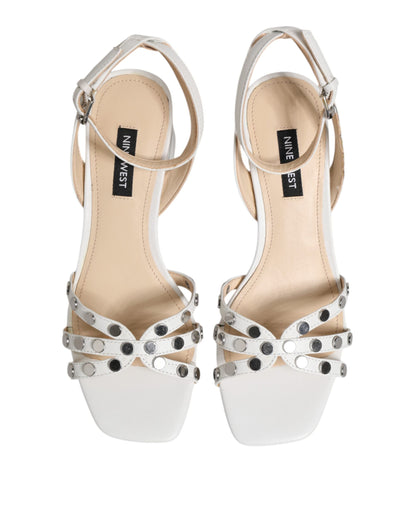 Nine West White Block Heeled Studded Wrap Strap Sandals Shoes