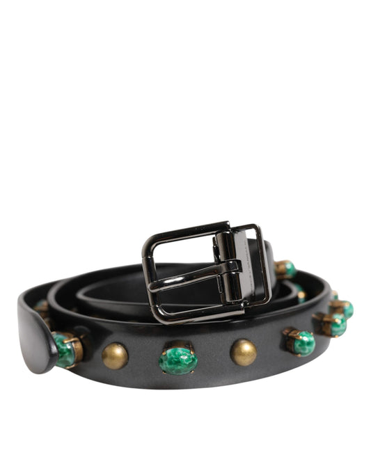 Dolce & Gabbana Black Leather Studded Silver Tone Buckle Belt