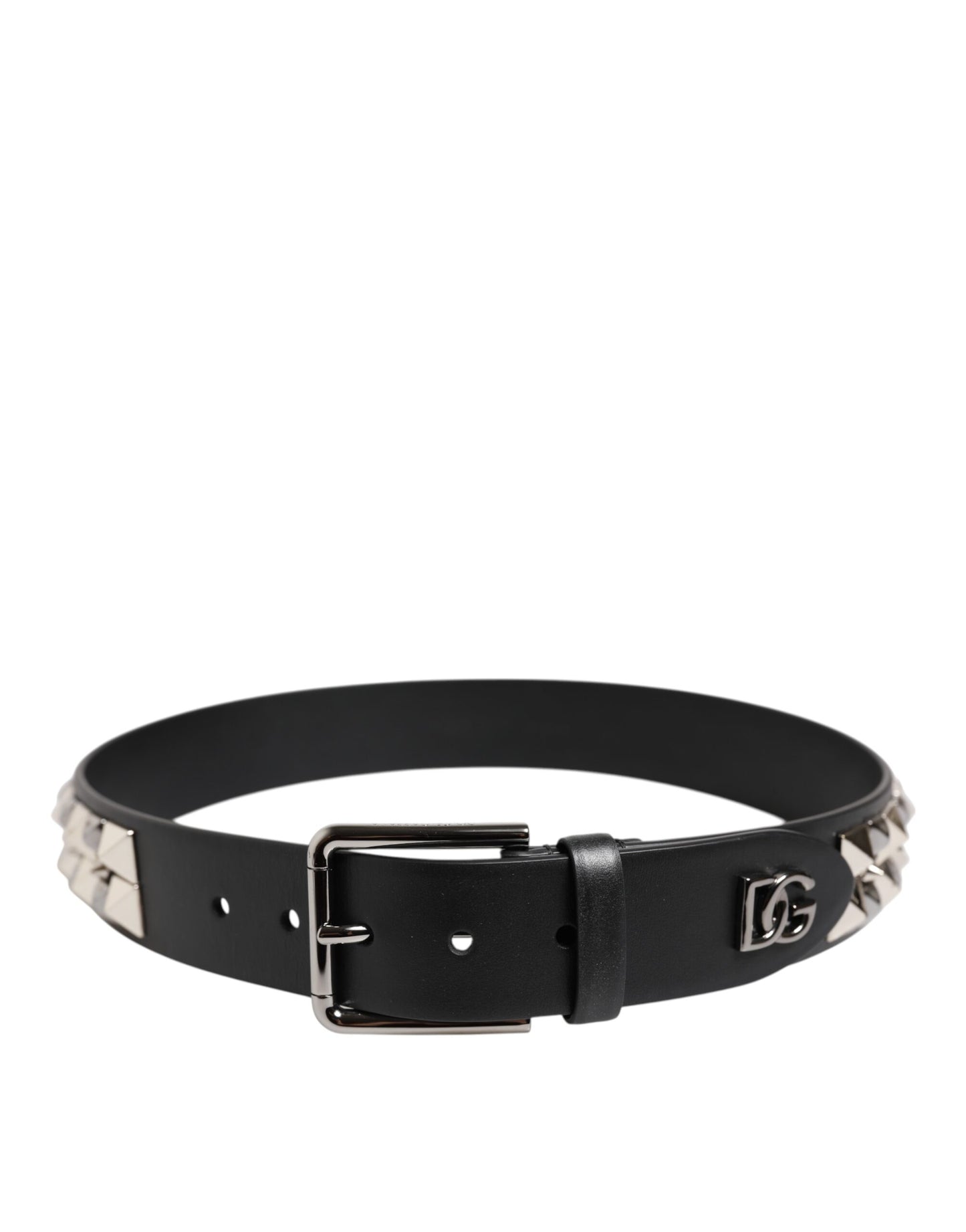 Dolce & Gabbana Black Leather Studded DG Metal Buckle Belt