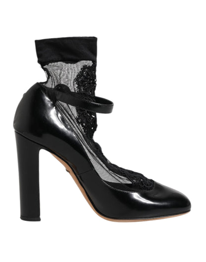Dolce & Gabbana Black Leather Lace Socks Heels Pumps Shoes