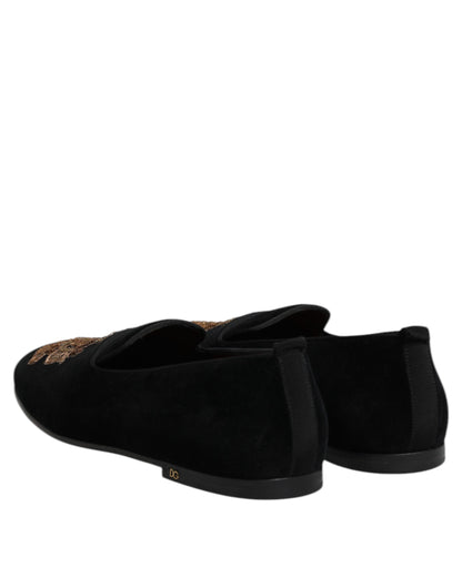 Dolce & Gabbana Black Velvet Gold Crown Mens Loafers Shoes