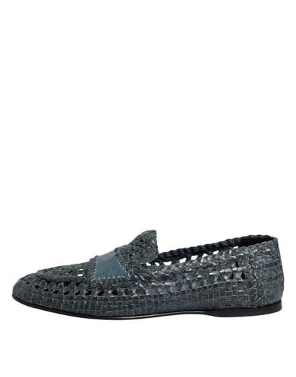 Dolce & Gabbana Blue Woven Raffia Slip On Loafers Shoes